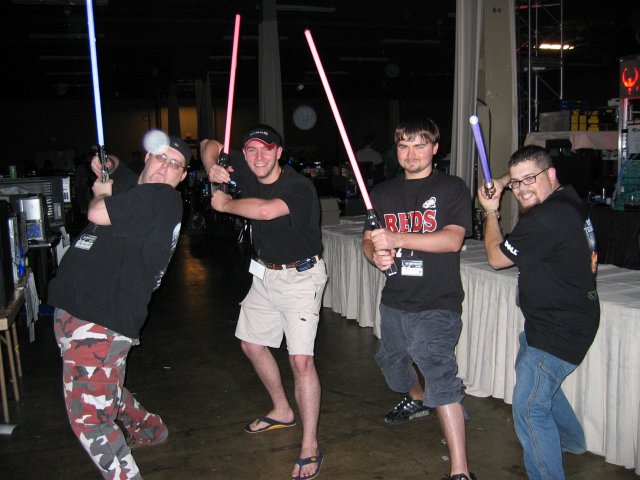 These Jedi are using their light sabers to attack the glowing balls of light in front of them (qc062005.jpg, 640w x 480h )