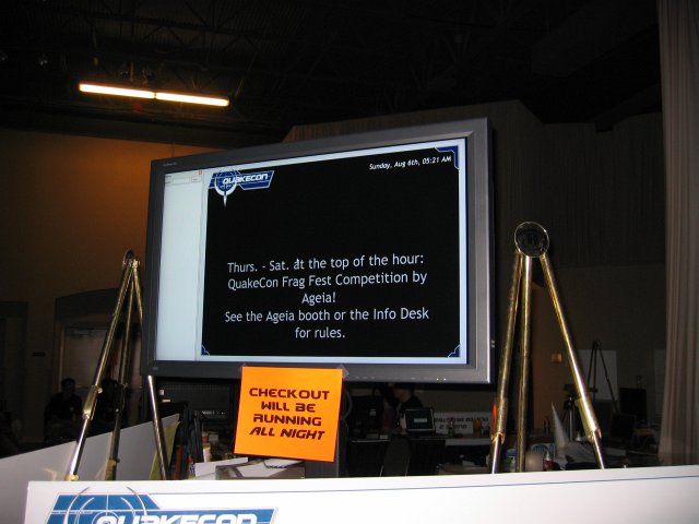 Convention news was posted on wide-screen monitors, though it was not always timely (qc063025.jpg, 640w x 480h )