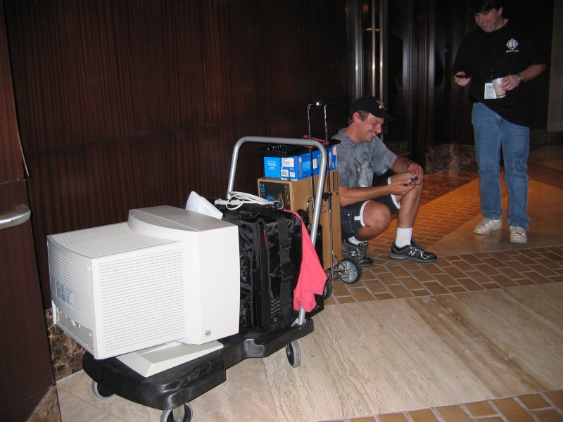 The overflow area was down a set of stairs so MasterTech and Hack waited in the lobby with our wheeled carts. (qc070041.jpg, 800w x 600h )