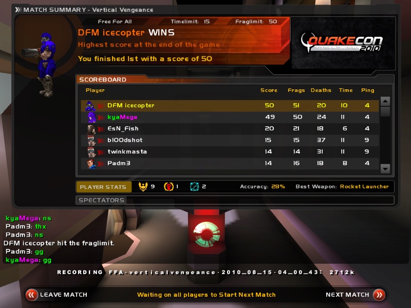 This was my last game of Quake Live at Quakecon 2010.  Nice to finish with a win.  :-) (qc100076.jpg, 800w x 600h )